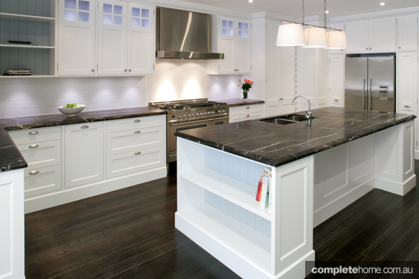 classic kitchen design with marble benchtop and stainless steel appliances