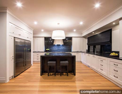 Take the splashback all the way up and across the wall behind the rangehood canopy to make the cooktop area an impressive focal point of the space. 