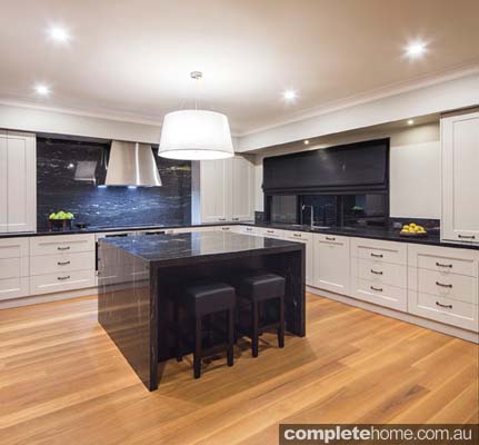 Take the splashback all the way up and across the wall behind the rangehood canopy to make the cooktop area an impressive focal point of the space. 