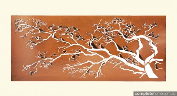 Laser-cut metal art: polarised tree design.