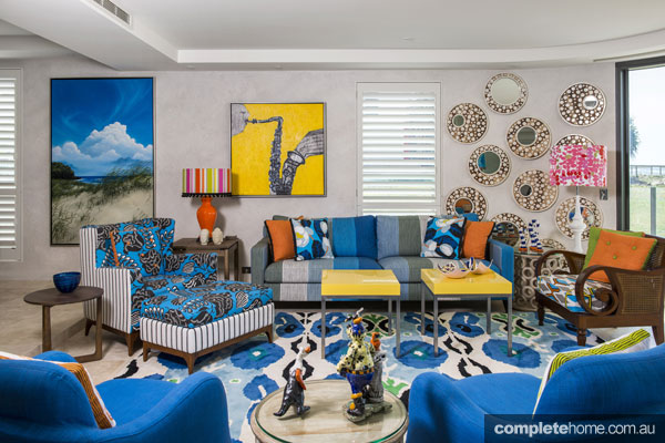 Bright yellow and blue living room from John Croft.