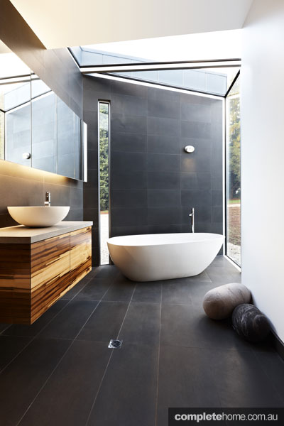 Glass bathroom in the Yellingbo house as featured in Grand Designs Australia.