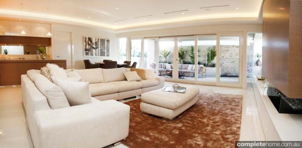 The living room in a luxurious display home from Medallion Homes.