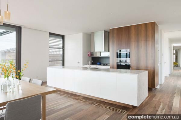 linear style timber floored contemporary kitchen