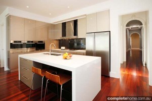 contemporary kitchen with aluminuim look storage