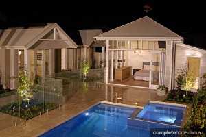 Bayon outdoor pool area at night