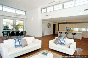 high ceilings with modern design features in this lounge area