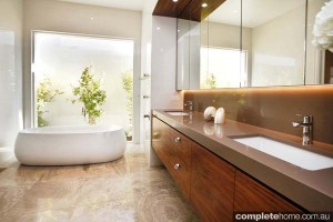 timber vanity in modern bathroom