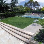 A modern pool in the middle of a garden separated by a glass wall