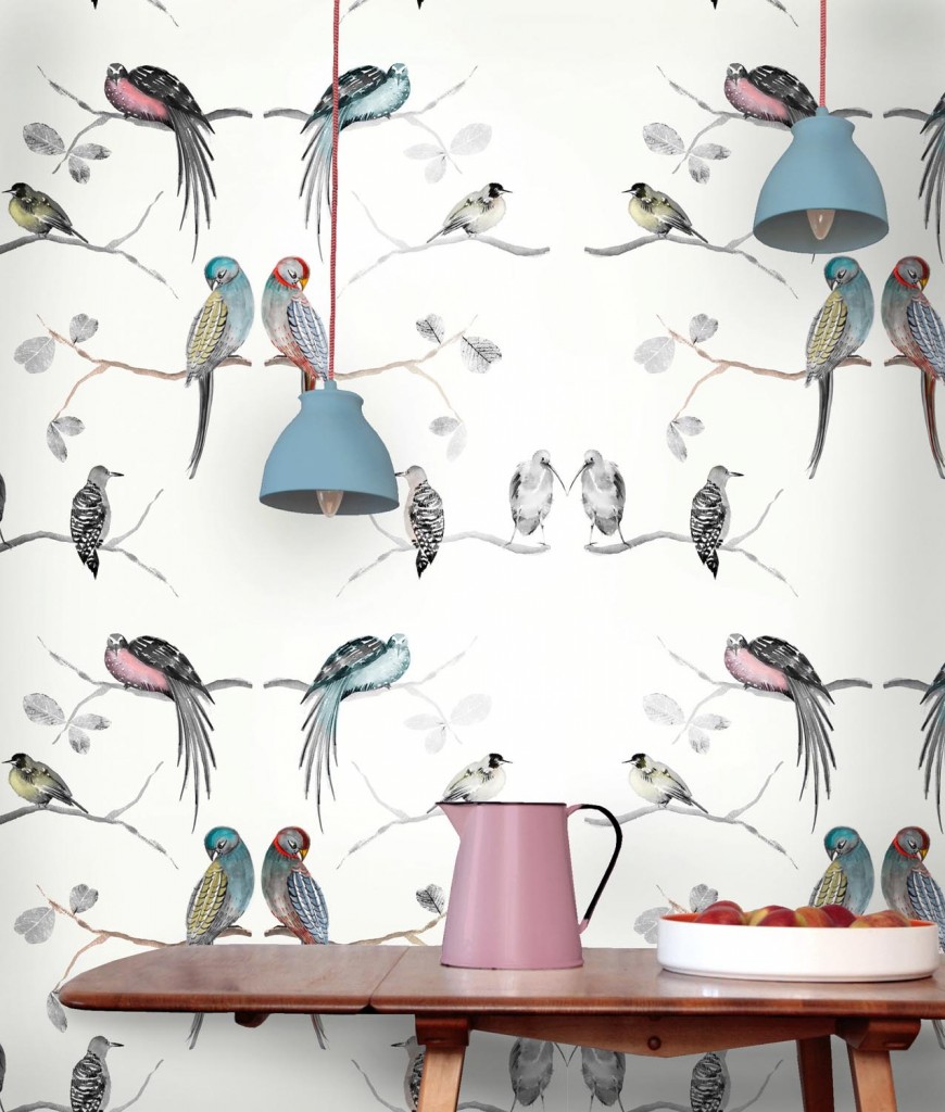 Perched birds cream wallpaper