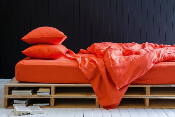 Linen fitted sheet, quilt cover and pillowcase in persimmon, from $40, majorminorsydney.com