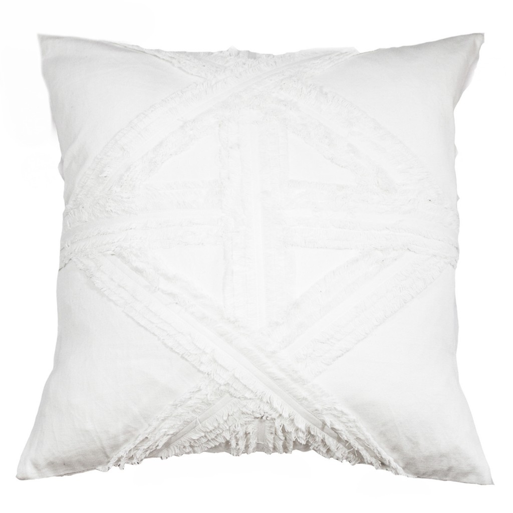 Fringed white lounge cushion, bandhini.com.au