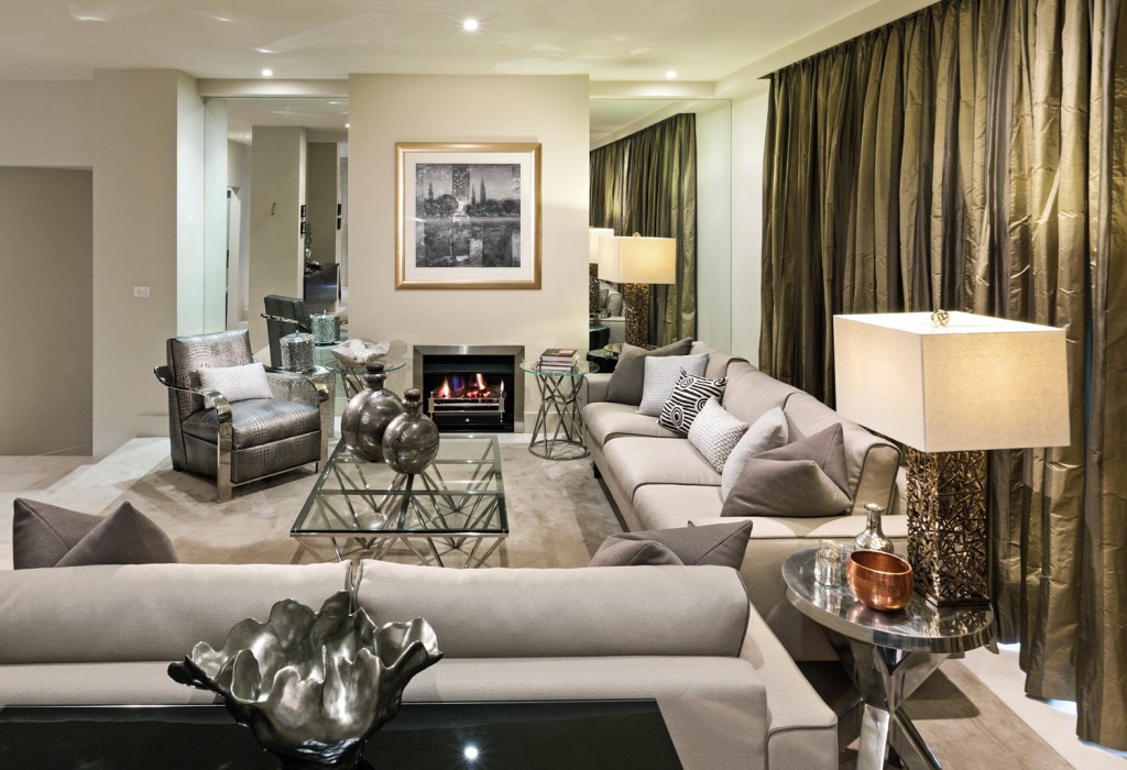 Metallic accents create an opulent living area