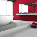 House interior of a modern red bathroom with bathtub and contemporary design 3d rendering.