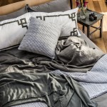 Pure linen duvet cover set and fitted sheet in Warm Grey in French flax linen  and Greek Key pillowcases in pure cotton. ilovelinen.com.au Grey Marl throw and cushion and Vachon wool throw in Smoke. sheridan.com.au Dorsal Italy Ergo Posture slat bed base in beech and Bellagio timber headboard in beech. Stella Rubino Euro latex mattress. thecomfortshop.com.au