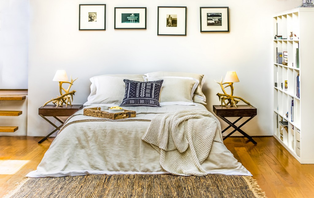 Ekard linen queen quilt cover, tailored pillowcases and tailored European pillowcase. sheridan.com.au Enzo side tables. camerich.com.au. Ethically sourced Australian red deer antler table lamps. rapideffects.com.au. Timber tray and natural knit cotton throw. orsonandblake.com.au. Finch bowl and Rockpool coffee mug and cereal bowl, Mudcloth cushion and Purl Stitch cotton throw. cittadesign.com. Chantico rug. stonepony.com.au. Dorsal Italy Ergo Posture slat bed base in beech and Bellagio timber headboard in beech. Stella Rubino Euro latex mattress. thecomfortshop.com.au