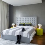 A neutral grey room is livened up by lime accents